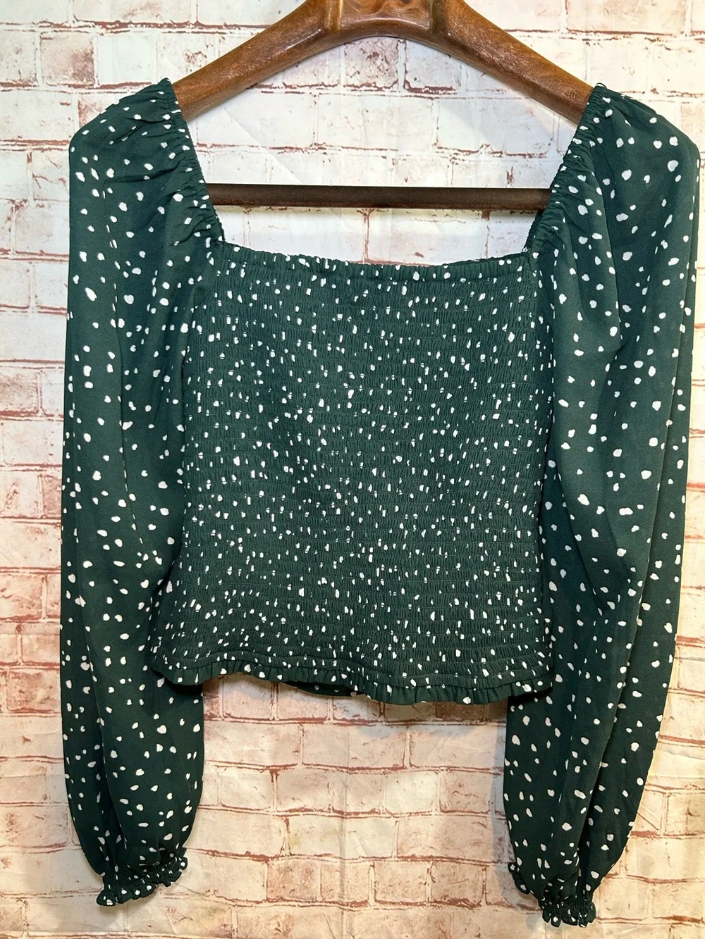 Abercrombie & Fitch Green Polka Dot Long Puff Sleeve Square Neck Off Shoulder